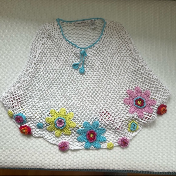 Flapdoodles Other - Little girl size 6X crochet poncho cottagecore boho floral sweet white blue